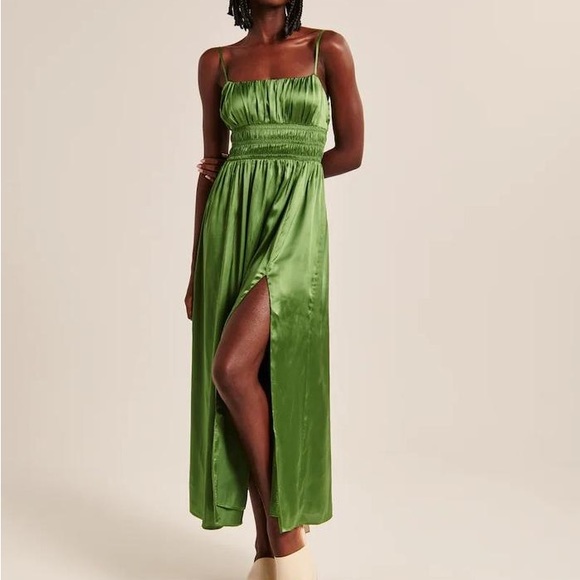Abercrombie & Fitch Formal Green Satin Dress with Slit - Size XL - Picture 1 of 5